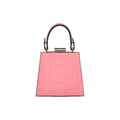 Pink handbag with a metallic handle on a white background