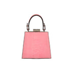 Pink handbag with a metallic handle on a white background