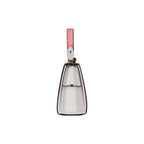 Silver cowbell with a pink strap on a white background