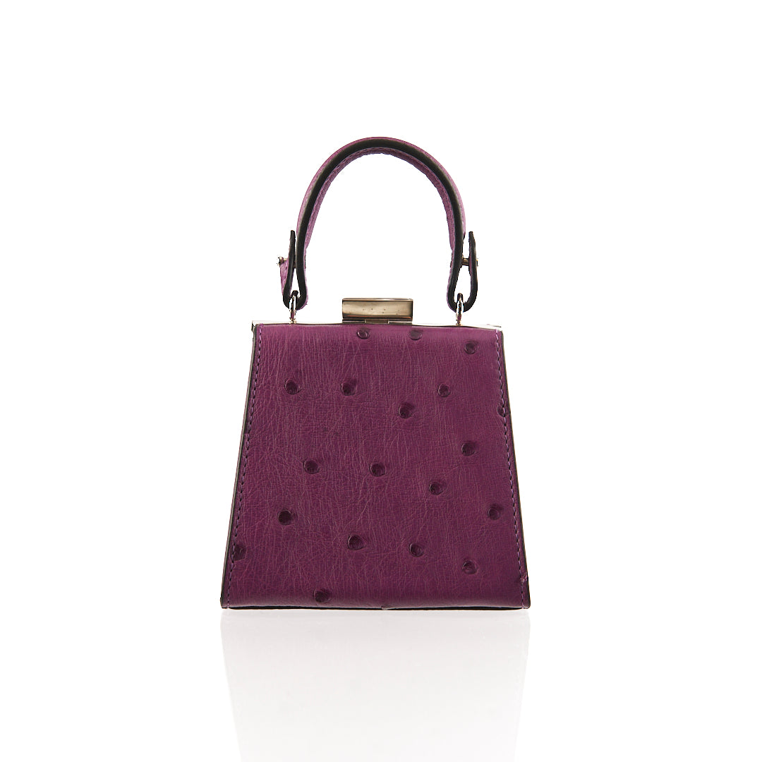 A purple leather handbag with a structured handle and a metallic clasp.