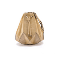 A beige and brown leather handbag with a geometric design and a drawstring top closure, resembling a star.