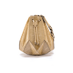 A beige and brown leather handbag with a geometric design and a drawstring top closure, resembling a star.