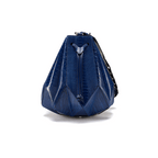 A blue handbag with a unique drawstring bucket design and an eight pointed star base, resembling a star shape.