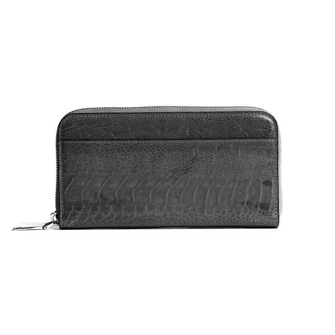 A black zip-around wallet with a textured crocodile or alligator print, shown against a plain white background.