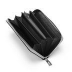 An open black leather zip-around wallet with multiple card slots, shown on a clean white background.