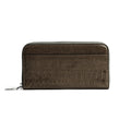 A dark brown zip-around wallet with a textured crocodile skin pattern, shown against a plain white background.