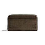 A dark brown zip-around wallet with a textured crocodile skin pattern, shown against a plain white background.