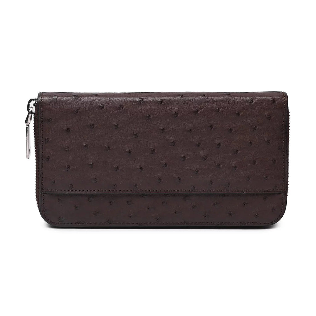 Virginia — Dark Brown African Ostrich Quill Leather Long Wallet Purse