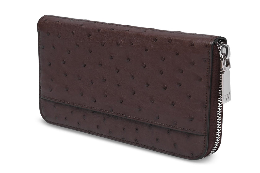 Virginia — Dark Brown African Ostrich Quill Leather Long Wallet Purse