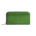 A green zip-around wallet with a textured crocodile-embossed leather finish, shown against a plain white background.
