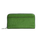 A green zip-around wallet with a textured crocodile-embossed leather finish, shown against a plain white background.