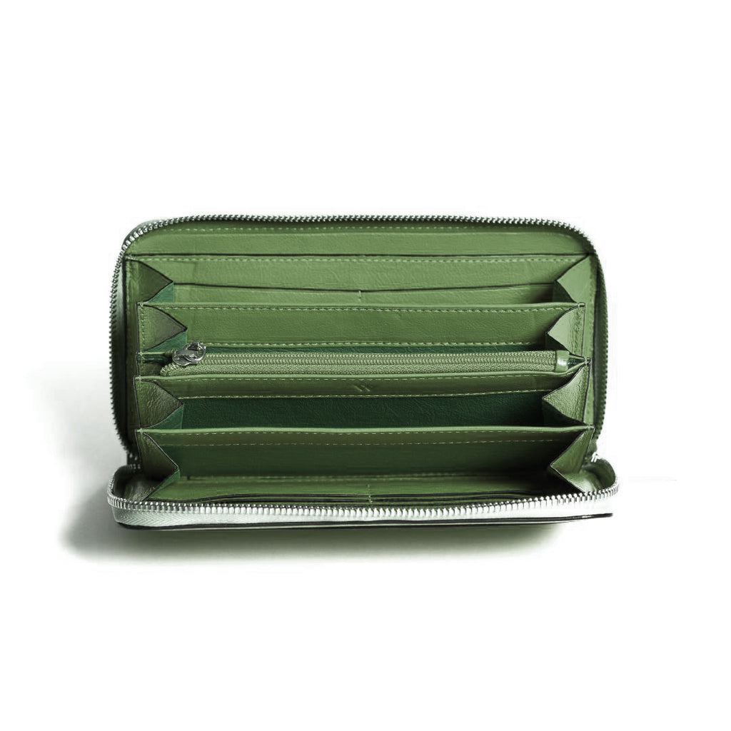 Green wallet with multiple card slots on a white background