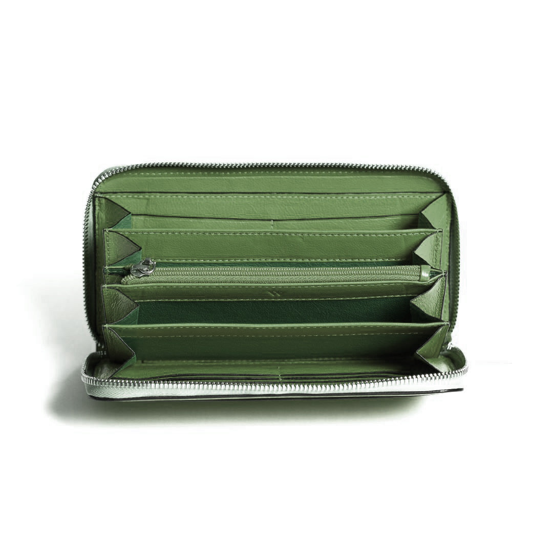 Green wallet with multiple card slots on a white background
