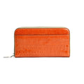An orange wallet with a textured ostrich leg leather surface and a zipper closure.