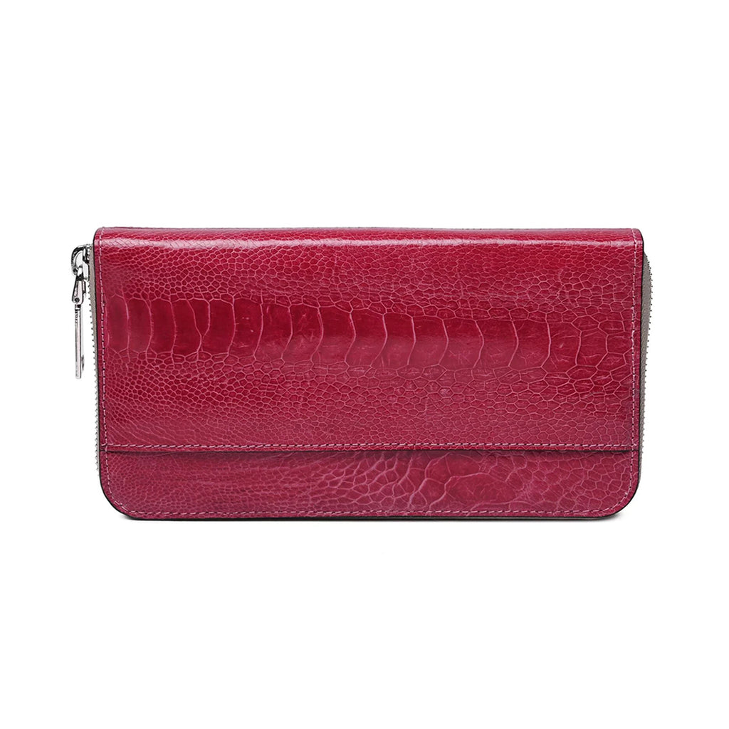 A red ostrich leather wallet with a zipper closure and several card slots visible.