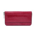 A red ostrich leather wallet with a zipper closure and several card slots visible.