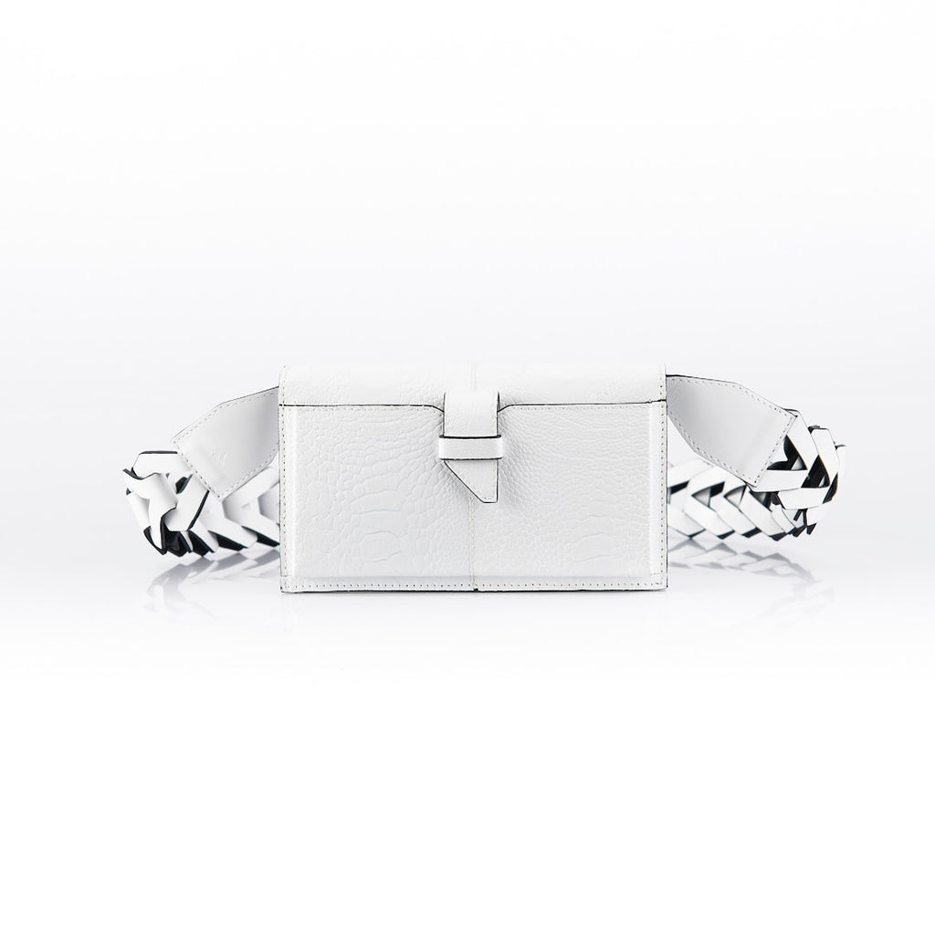 Georgia — White African Ostrich Leg Leather Clutch Bag with Removable Link Strap