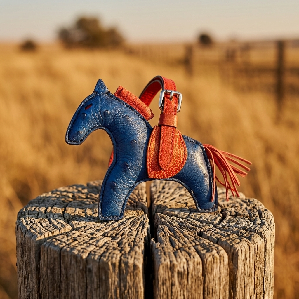 Blue leather horse toy with orange saddle on a wooden post in a field
