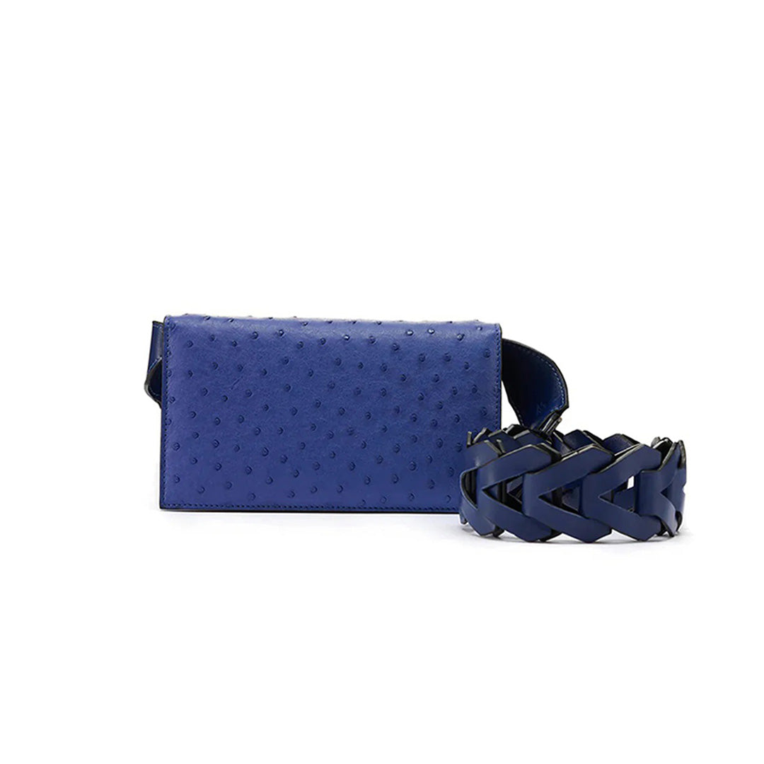 Georgia — Blue African Full-Quill Ostrich Leather Clutch Bag with Removable Link Strap