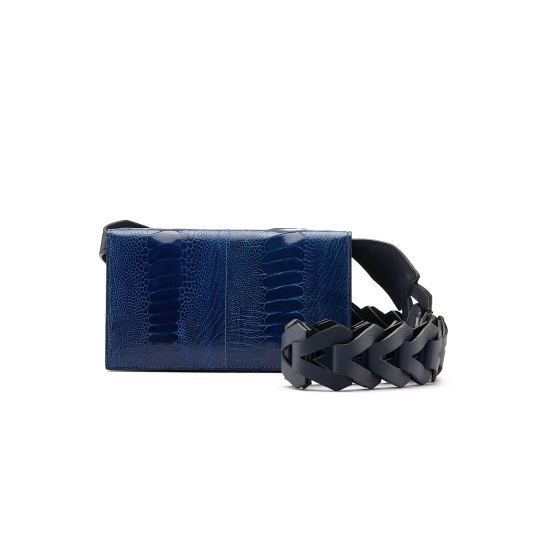 Georgia — Blue African Ostrich Leg Leather Clutch Bag with Removable Link Strap